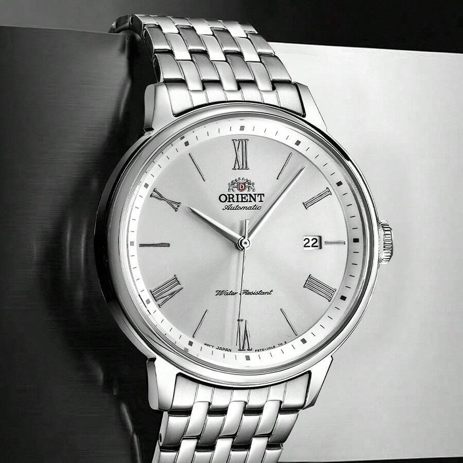 Orient ORIENT Automatic Mechanical Men's Business Roman Scale Dial Calendar Steel Belt Waterproof Watch Steel Belt White Plate Mechanical Men RA-AC0J04S10B