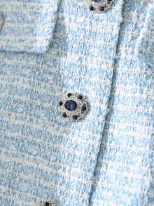 2 件套粗花呢短款夹克和迷你裙，仿口袋正面纽扣开合，优雅 - 淺藍色 - 查看 5