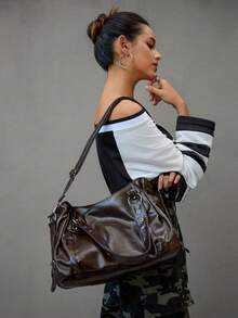 DareSee 复古简约大容量时尚学生手提包，适合工作通勤，波西米亚风格女包，复古女包，音乐节礼物 - 咖啡棕 - 查看 1