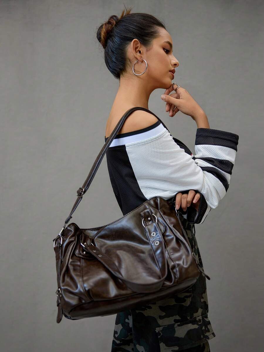 DareSee 复古简约大容量时尚学生手提包，适合工作通勤，波西米亚风格女包，复古女包，音乐节礼物 - 咖啡棕 - 查看 1