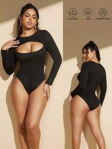 1pc Women Hollow Out Long Sleeve Sexy Chest Shaping Bodysuit - Black - View 2