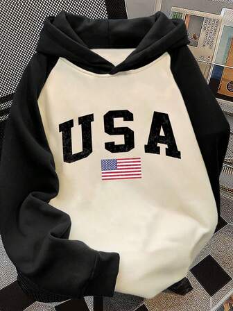 少女服装街头时尚字母和国旗图案印花宽松长袖连帽卫衣，女童拼色连帽卫衣，适合日常穿着、派对、上学、参加音乐节、度假、通勤。可作为礼物送给家人、男朋友、女朋友、朋友