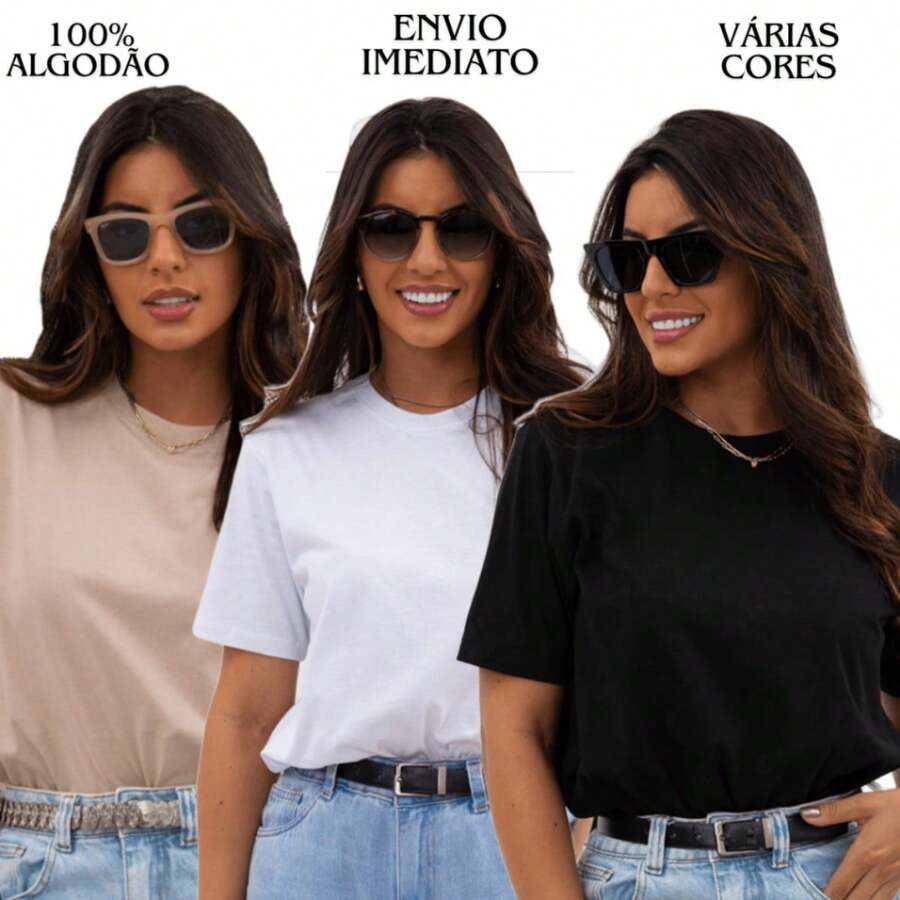 KIT 3 TSHIRTS CAMISETA BÁSICA LISA FEMININA 100% ALGODÃO T-SHIRT CAMISETAS - Bege/Branca/Preta - Visão 1