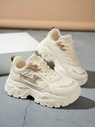 女士多功能圆头系带运动鞋，皮革材质，厚底设计，透气舒适，时尚复古，休闲运动鞋，校园休闲鞋，厚底缓震设计，适合日常穿着、度假旅行