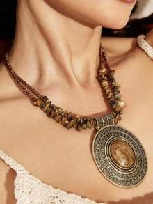 1pc Bohemian Vintage Handcrafted Asymmetrical Stone Beaded Necklace, Retro Carved Pendant Necklace, Unique Clavicle Chain For Party & Daily Wear