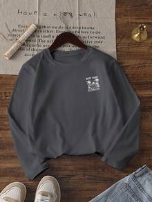 1pc Girls Casual Coconut Tree Graphic Print Crew Neck Long Sleeve T-Shirt, Autumn/Winter Student Young Clothing - Dark Grey - View 3