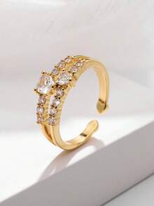 1pc Fashionable Copper Zirconia Double Layered Love Open Ring For Women's Daily Wear