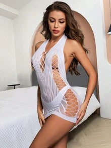 Sexy Lingerie, Seductive Neckline Jacquard, Off-The-Shoulder, Cutout, Body-Hugging Skirt, Slim, High-Elasticity, And Backless Mesh Jacket