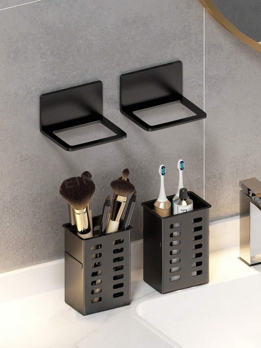 Wall Mounted Toothbrush And Toothpaste Holder For Bathroom, White And Black, With Space For Comb Or Razor And Shower Gel (No Drilling Required), Home Bathroom Decor, Autumn Decor, Back To School