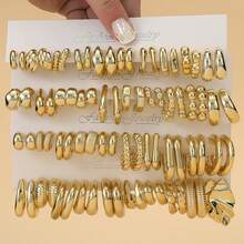 1-18pairs Fashionable Big Size Glossy Gold Spray-Coated ABS Plastic Earring Set, Skin-Friendly, Minimalist Geometric Earrings For Ladies'All-Day Wear