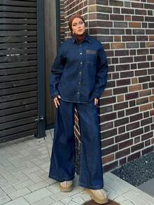 DAZY Women Long Sleeve Shirt And Jeans Casual Outfit Modest Fashion - Blue - View 2