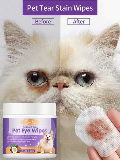 YEGBONG Cat Eye Cleaning Cotton Pads, Remove Tear Stains; Pet Eye Care Wet Wipes, Clean Eye Area Dirt And Skin Around Eyes. Dog & Cat Eye Wet Wipes - Gently Remove Tear Stains, Eye Debris, Secretions And Mucus - Coconut Oil Cleansing, Beautify And Remove Eye And Facial Odor - 100 Sheets