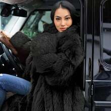 Chic Women's Black Faux Fur Coat Loose Fit Long Length Regular Long Sleeve Fuzzy Detail Waterfall Neckline