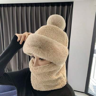 Winter Warm Hat Solid Color Thick Plush Neck Mask Windproof Hoodie Ear Protection Windproof Ski Hat Winter Bicycle Women's Outdoor Hat