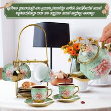 Vintage Floral Porcelain Tea Set 20-Piece With Gold-Rimmed Teapot, 6 Cups, Saucers, Spoons & Metal Stand – Afternoon Tea, Garden Party, Wedding, Bridal Shower, Holiday Gift, Thanksgiving & Christmas Table Decor - Green - View 9