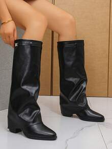 Damen neue koreanische Version Dicke Absatz Weichleder Knie-Stiefel, Mittlerer Absatz Röhrenstiefel, Reitstiefel