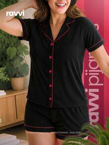 Women's American Baby Doll Pajamas Blogger Short Doll Summer Sleepwear Set Open Collar With Button Breastfeeding Pregnant Travel Black With Pink - 黑粉紅色 - 查看 1