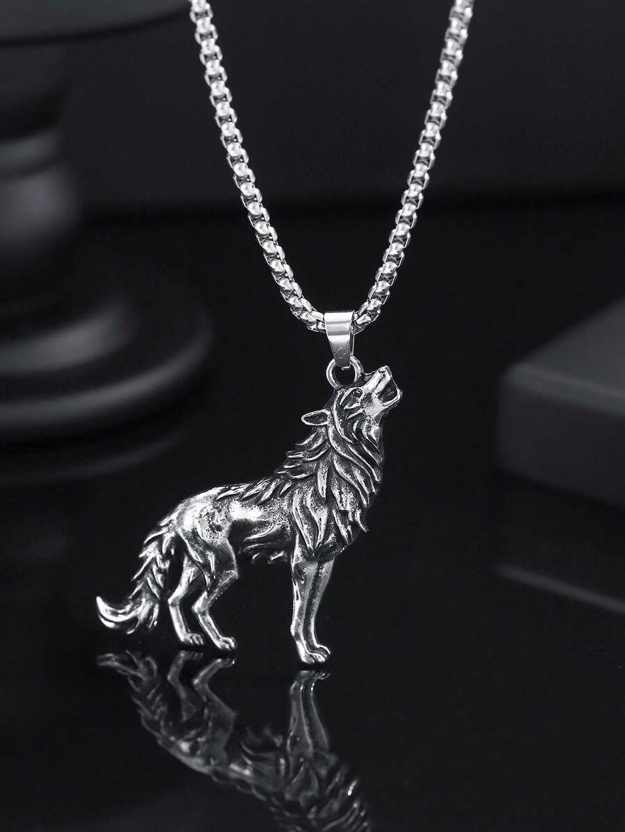 1 buah Kalung Liontin Serigala Bergaya Hip-Hop Vintage Eropa & Amerika yang Modis dan Dapat Dipersonalisasi, Cocok untuk Pakaian Sehari-hari Pria - Antique Silver - View 1