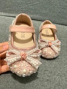 婴儿时尚鞋，宝宝春夏学步鞋，全水晶珍珠装饰蝴蝶结公主鞋，适合女孩，适合派对、正式穿着、度假 - 淺粉色 - 查看 5