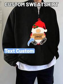 Plus Size Men's Personalized Christmas Customized Sweatshirt, Santa Claus Print, Supports Name Customization, Half-Zip Casual Top, Christmas Gift, Long Sleeve Top - Black - View 1