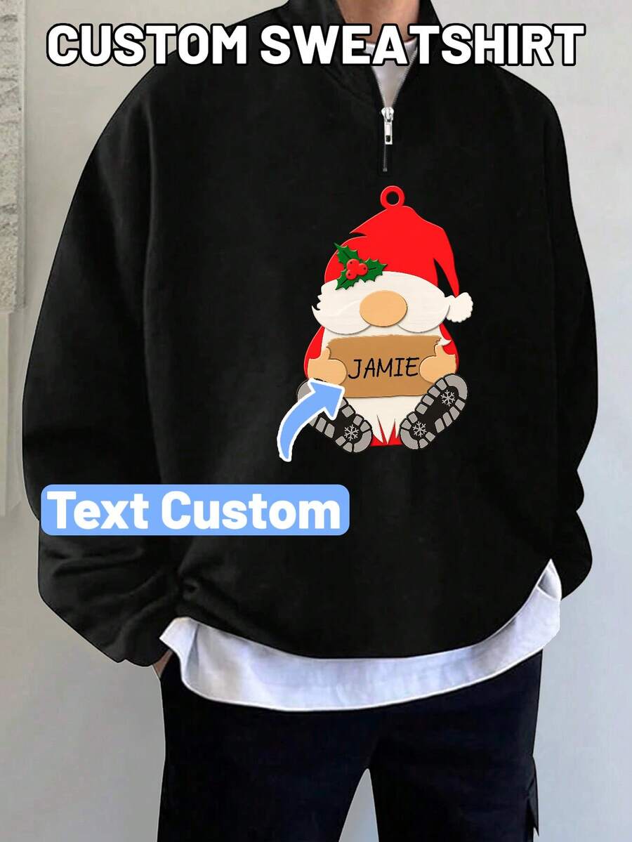 Plus Size Men's Personalized Christmas Customized Sweatshirt, Santa Claus Print, Supports Name Customization, Half-Zip Casual Top, Christmas Gift, Long Sleeve Top - Black - View 1