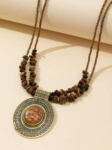 1pc Bohemian Vintage Handcrafted Asymmetrical Stone Beaded Necklace, Retro Carved Pendant Necklace, Unique Clavicle Chain For Party & Daily Wear