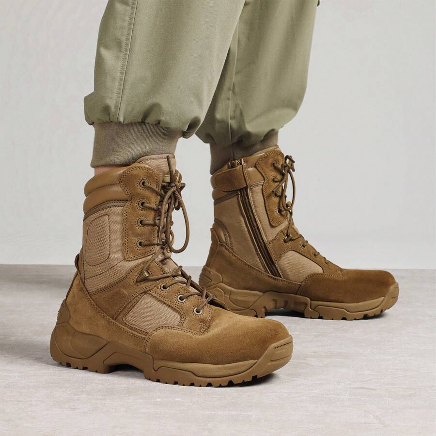 Men's Military Side Zipper Tactical Work Boots Hiking Motorcycle Combat Boots - 棕色 - 查看 1