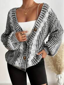 成熟优雅的欧式时尚拼色宽松大码女式开衫，百搭长袖针织毛衣