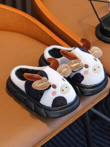 1 Đôi Dép đi trong nhà họa tiết bò cho trẻ em, Dép đi trong nhà ấm áp chống trượt cho bé trai và bé gái, thích hợp cho mùa thu/đông - Đen và trắng - Xem 2