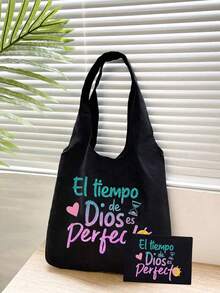 Printed Canvas Tote Bag With "El-Tiempo" Colorful Letter Print Pattern, Portable Casual Storage Handbag, Multifunctional Shopping Bag, Minimalist Travel Storage Bag, Large Capacity Travel Cosmetic Bag, Newly Designed With Ample Space, Ideal For Shopping, Wedding, Birthday, Beach, Holiday, Back To School - Black - View 13