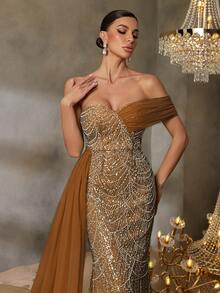 Faeriesty Đầm dạ hội lệch vai sang trọng đính sequin và ngọc trai, thiết kế xếp nếp bất đối xứng, dáng đuôi cá, phù hợp cho đám cưới và các dịp trang trọng. - Rỉ Nâu - Xem 5