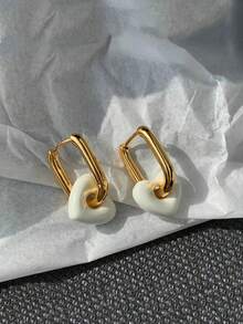 COINBUFF 1pc Elegant Lady-Like Detachable Heart Pendant Square Golden-Tone Hoop Earrings, Suitable For Everyday Wear Valentines