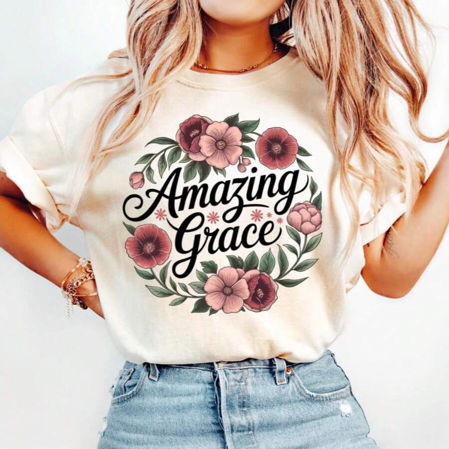 Amazing Grace How Sweet The Sound | Faith, Floral, Christian, Music, Song,100% Cotton Womens Oversized Printed Graphic T-Shirts Casual Round Neck Short Sleeve Tee 1pcs Fashion Shirt - 白色010 - 查看 1