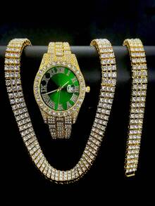 Luxury Alloy Men's Quartz Watch With Rhinestone & Crystal Inlaid, Date Display, Paired With Hip Hop Cuban Link Necklace And Bracelet Set - Necklace Set - View 10