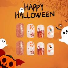 Halloween Press On Nails Short Square - Ghost Floral Pumpkin Glossy Fake Nails 24-Pack For Party Costume