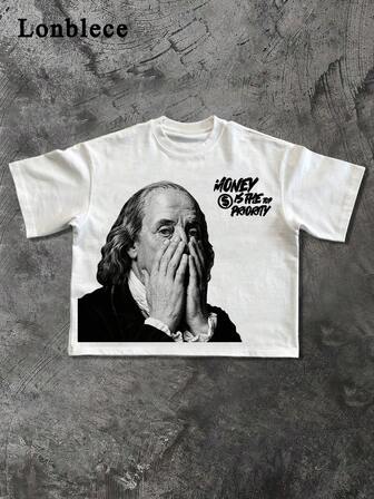 Lonblece 1 st. överdimensionerad "Funny Collage" Franklin-tryck kortärmad t-shirt, avslappnad streetwear-stil, lämplig för vår/sommar