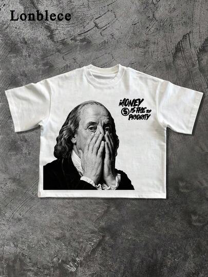Lonblece 1pc Oversized "Funny Collage" Franklin Print Short Sleeve T-Shirt, Casual Streetwear Style, Suitable For Spring/Summer