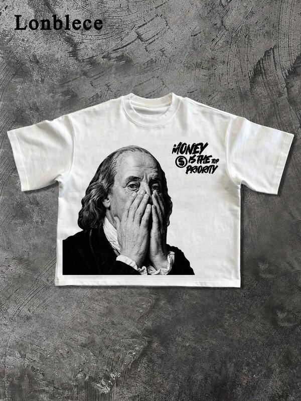 Lonblece 1pc Oversized "Funny Collage" Franklin Print Short Sleeve T-Shirt, Casual Streetwear Style, Suitable For Spring/Summer