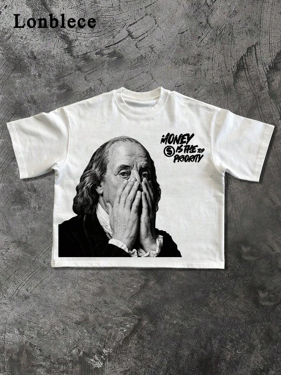 Lonblece 1 Áo thun tay ngắn in họa tiết Franklin "Funny Collage" cỡ lớn, phong cách đường phố thường ngày, phù hợp cho mùa xuân/hè - trắng - Xem 1