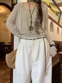 1pc Women's Coffee Color PU Leather Casual Handmade Beaded Decorative Waist Rope - Coffee - View 3