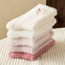 5 Pairs Of Women's Plush Bow Mid-Calf Socks Winter Fleece-Lined Thick Warm Sleep Socks Pink Set