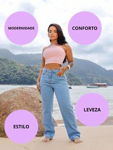 Calça Jeans Wide leg Clara Pantalona Confortável 100% Caimento Perfeito Casual