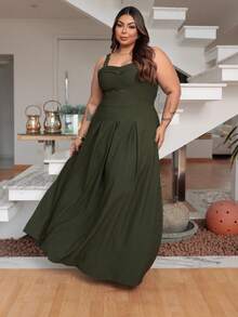 Women's Plus Size Long Dress With Wide Straps, Structured Sweetheart Neckline, Fluid Skirt, Viscolino Fabric - 墨綠色 - 查看 2