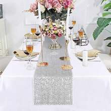 1/5pcs 12 X 108 Inch Silver Glitter Table Runner, Suitable For Wedding, Birthday Party, Holiday, Bridal Shower, Christmas, Daily Use, Outdoor - Multicolor - View 2