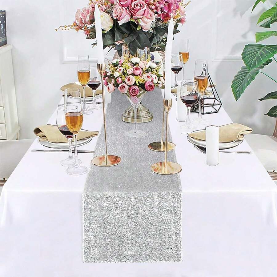 1/5pcs 12 X 108 Inch Silver Glitter Table Runner, Suitable For Wedding, Birthday Party, Holiday, Bridal Shower, Christmas, Daily Use, Outdoor