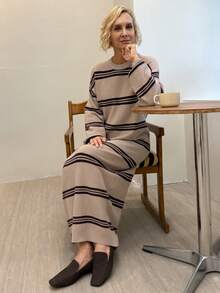 Livesso Robe pull casual à manches longues avec imprimé rayé, col rond, pour l'automne et l'hiver - Kaki - Voir 5