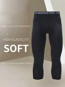 1pc Solid Color, 3/4 Length High Elasticity Men's Compression Tight Shorts, Spring/Summer, Solid Color Sports Base Layer, Suitable For Sports, Gym, Running, Cycling, Outdoor Activities Black - Black - View 1