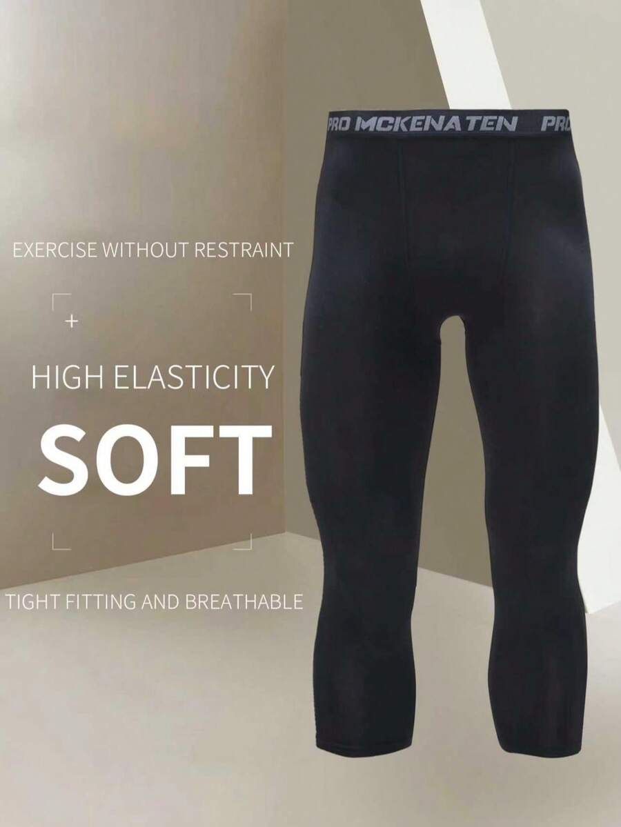 1pc Solid Color, 3/4 Length High Elasticity Men's Compression Tight Shorts, Spring/Summer, Solid Color Sports Base Layer, Suitable For Sports, Gym, Running, Cycling, Outdoor Activities Black - Black - View 1