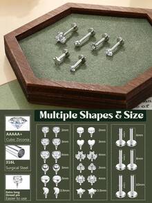 32Pcs 16G 18G Flat Back Stud Earrings For Women - Hypoallergenic Surgical Steel Internal Thread Stud Piercing Jewelry For Tragus Helix Cartilage Conch Nose Gold Silver Lip Labret Medusa Piercing - 銀色調 - 查看 3