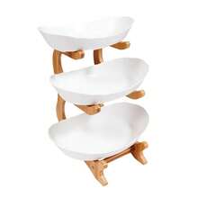 White 3-Tier Plastic Fruit Stand, Bamboo-Style Multi-Level Display Tray For Party Snacks & Dessert Serving With Stable Base - Wood, White - View 3